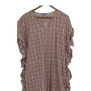 Quiet Culture Cotton Poplin Lounge Dress Pink Green Geometric Ruffle Trim NWT